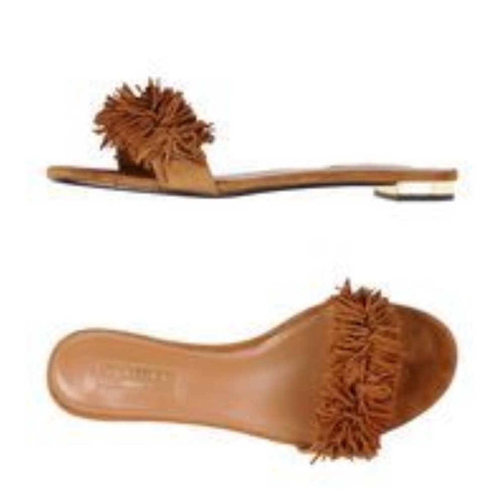 Aquazzura Tan Fringe Slide Sandals